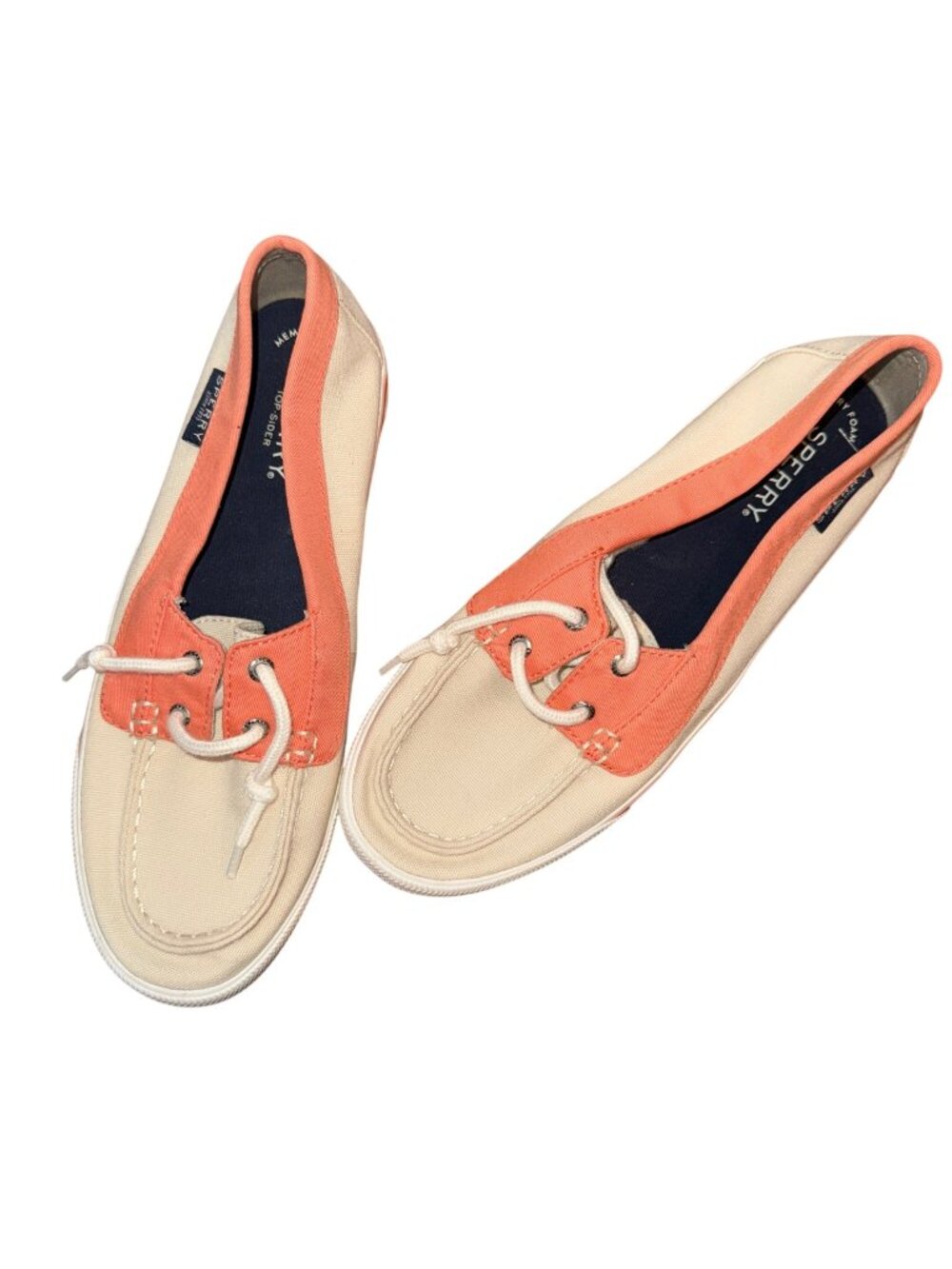 Sperry Womens Coral & Beige Canvas Memory Foam Boat Shoes Topsider Size 9
